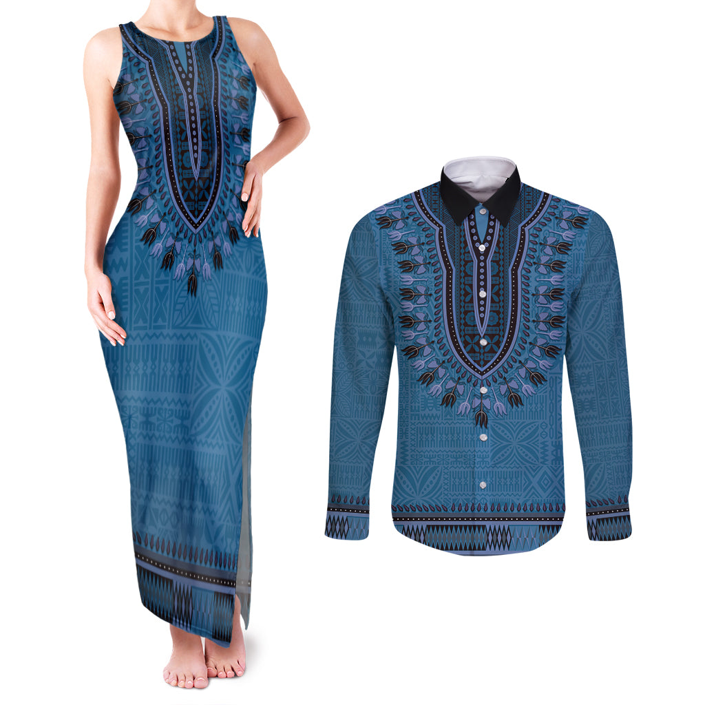 Blue African Dashiki With Fijian Tapa Pattern Couples Matching Tank Maxi Dress and Long Sleeve Button Shirt LT14 Blue - Polynesian Pride