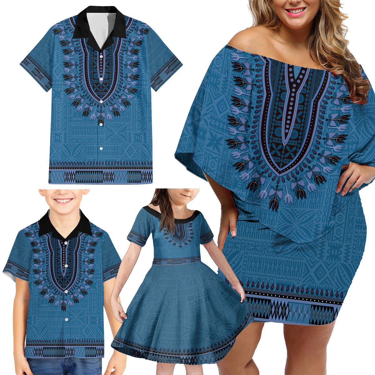 Blue African Dashiki With Fijian Tapa Pattern Family Matching Off Shoulder Short Dress and Hawaiian Shirt LT14 - Polynesian Pride