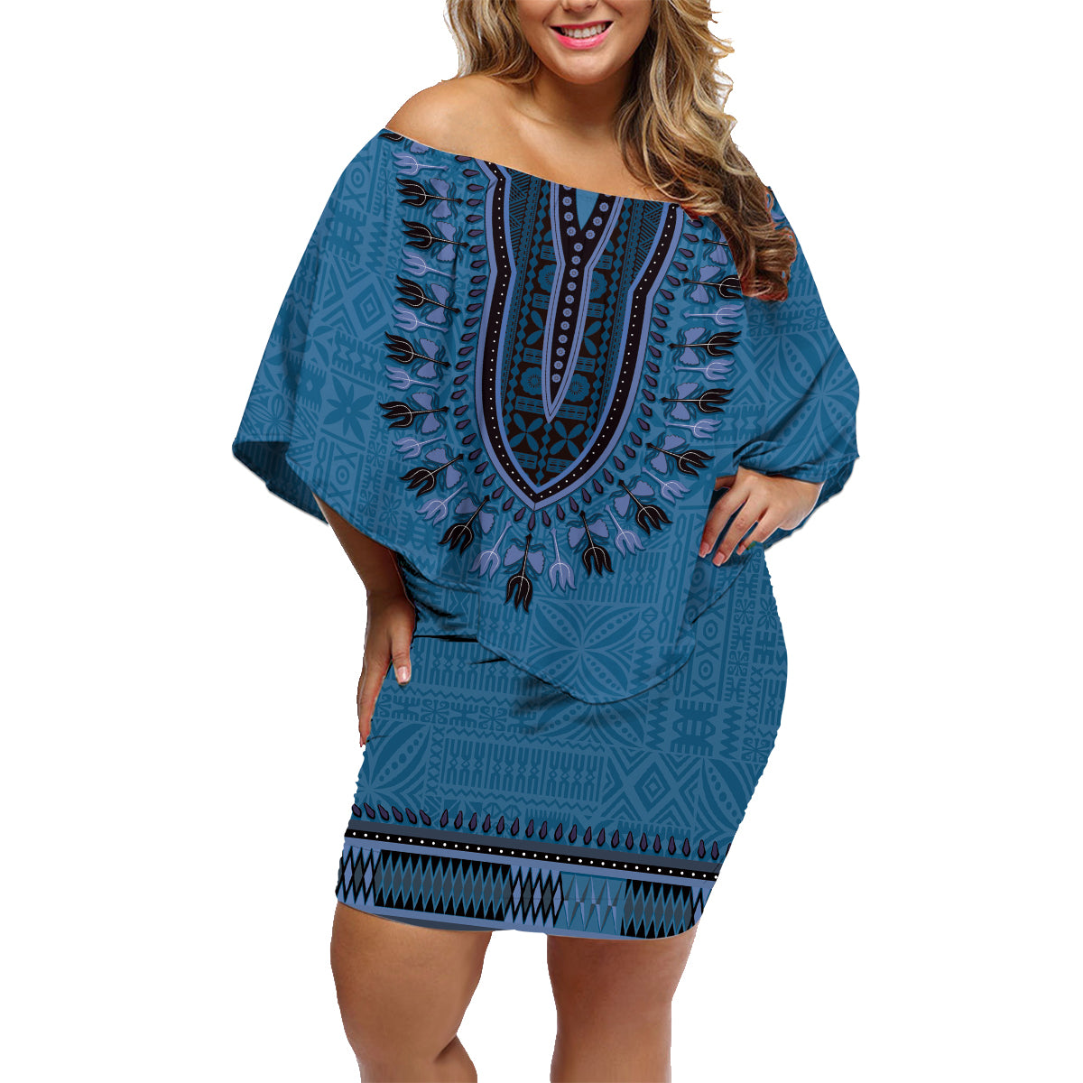 Blue African Dashiki With Fijian Tapa Pattern Family Matching Off Shoulder Short Dress and Hawaiian Shirt