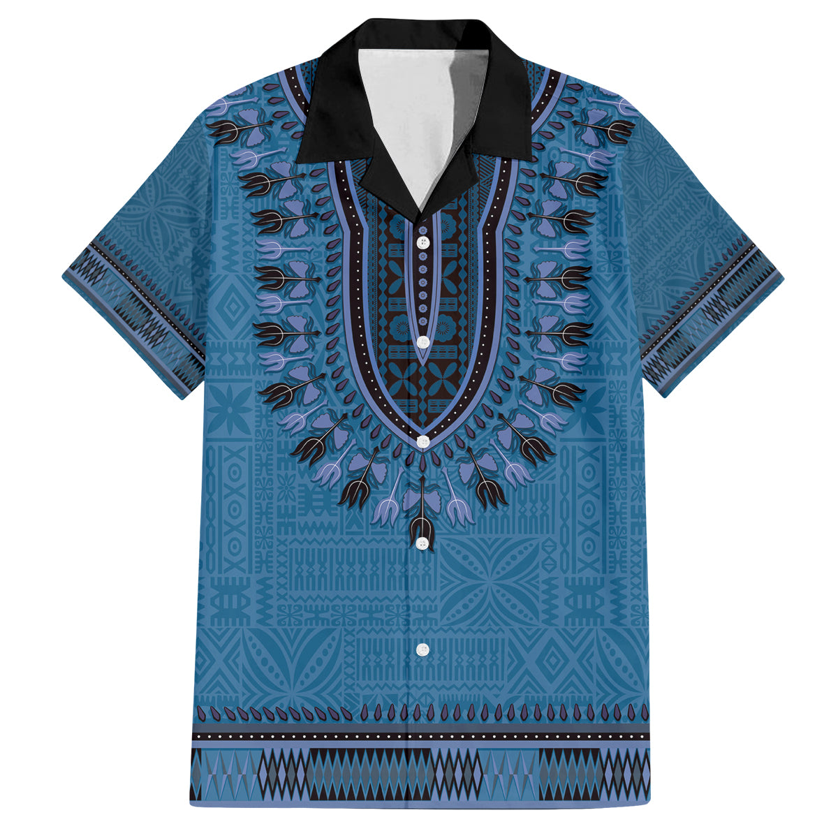 Blue African Dashiki With Fijian Tapa Pattern Family Matching Puletasi and Hawaiian Shirt LT14 Dad's Shirt - Short Sleeve Blue - Polynesian Pride