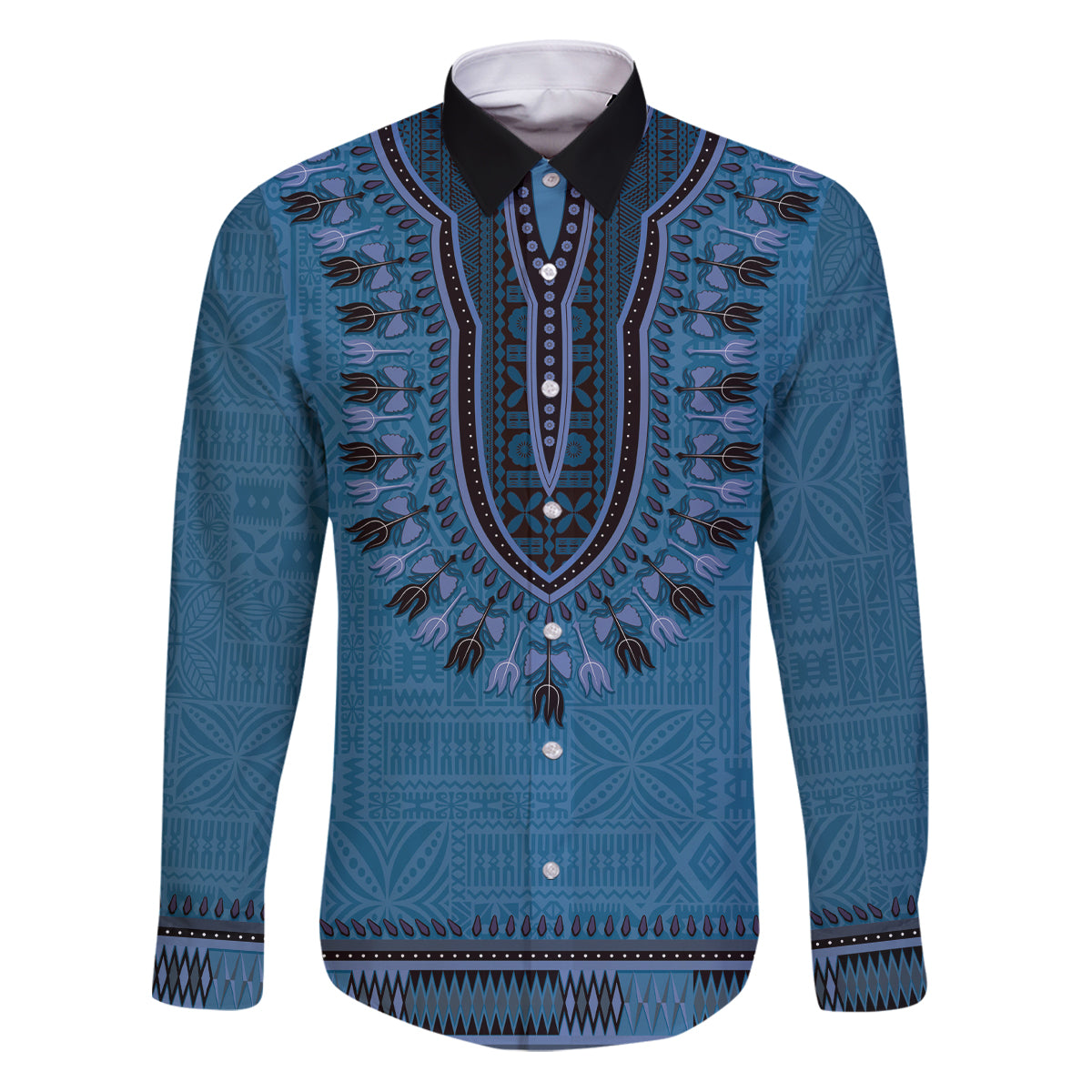 Blue African Dashiki With Fijian Tapa Pattern Family Matching Puletasi and Hawaiian Shirt LT14 Dad's Shirt - Long Sleeve Blue - Polynesian Pride