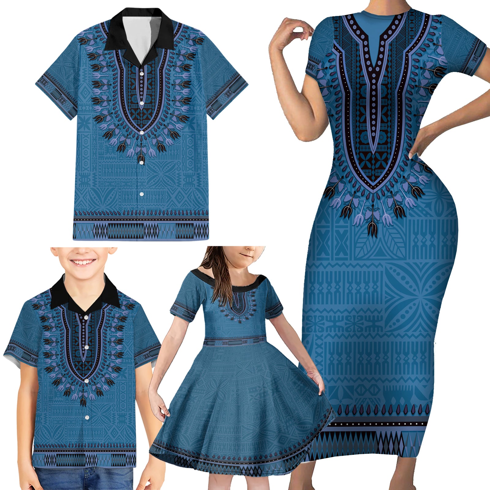 Blue African Dashiki With Fijian Tapa Pattern Family Matching Short Sleeve Bodycon Dress and Hawaiian Shirt LT14 - Polynesian Pride