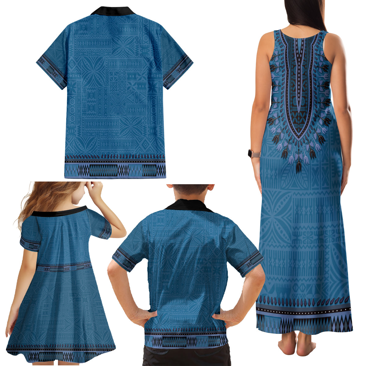 Blue African Dashiki With Fijian Tapa Pattern Family Matching Tank Maxi Dress and Hawaiian Shirt