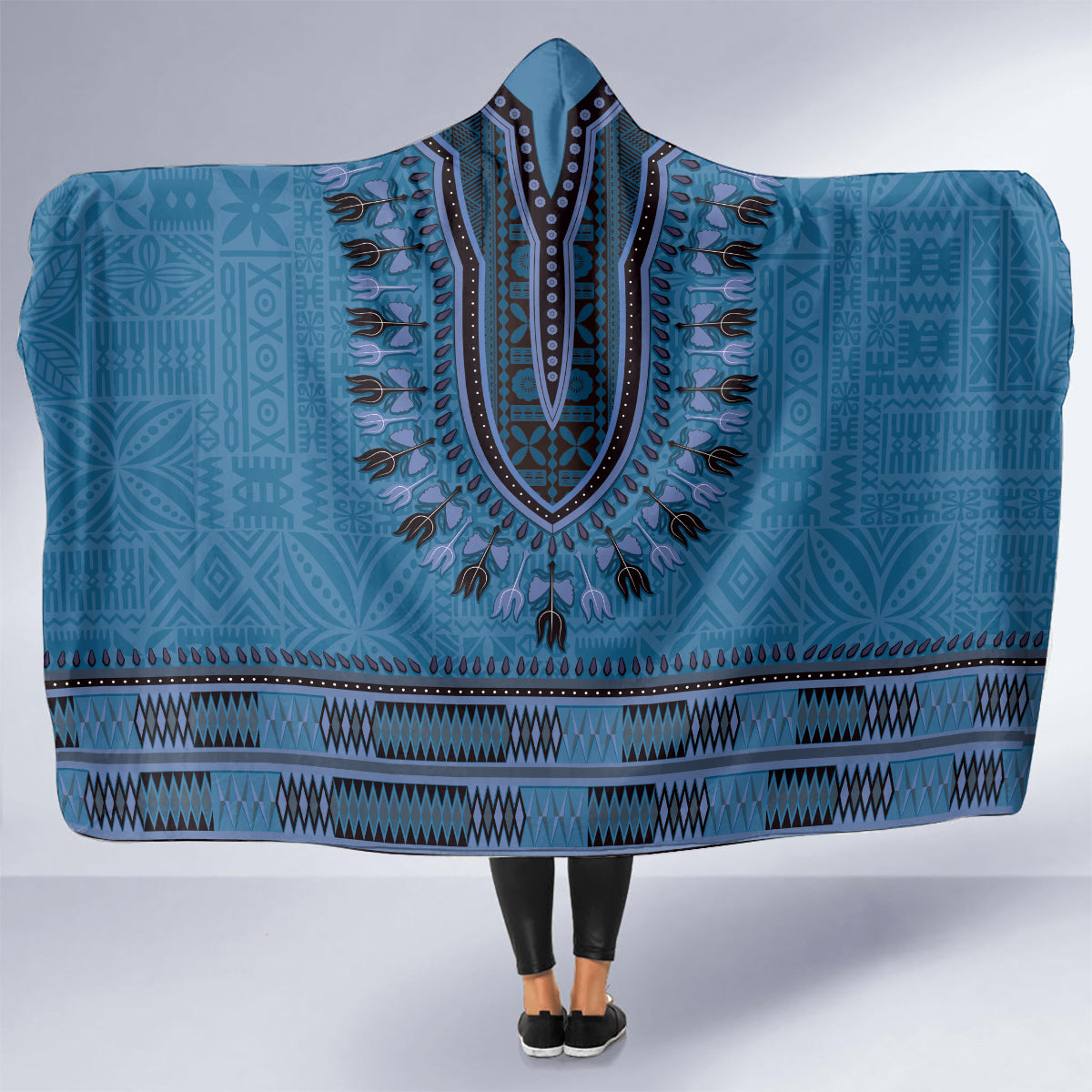 Blue African Dashiki With Fijian Tapa Pattern Hooded Blanket