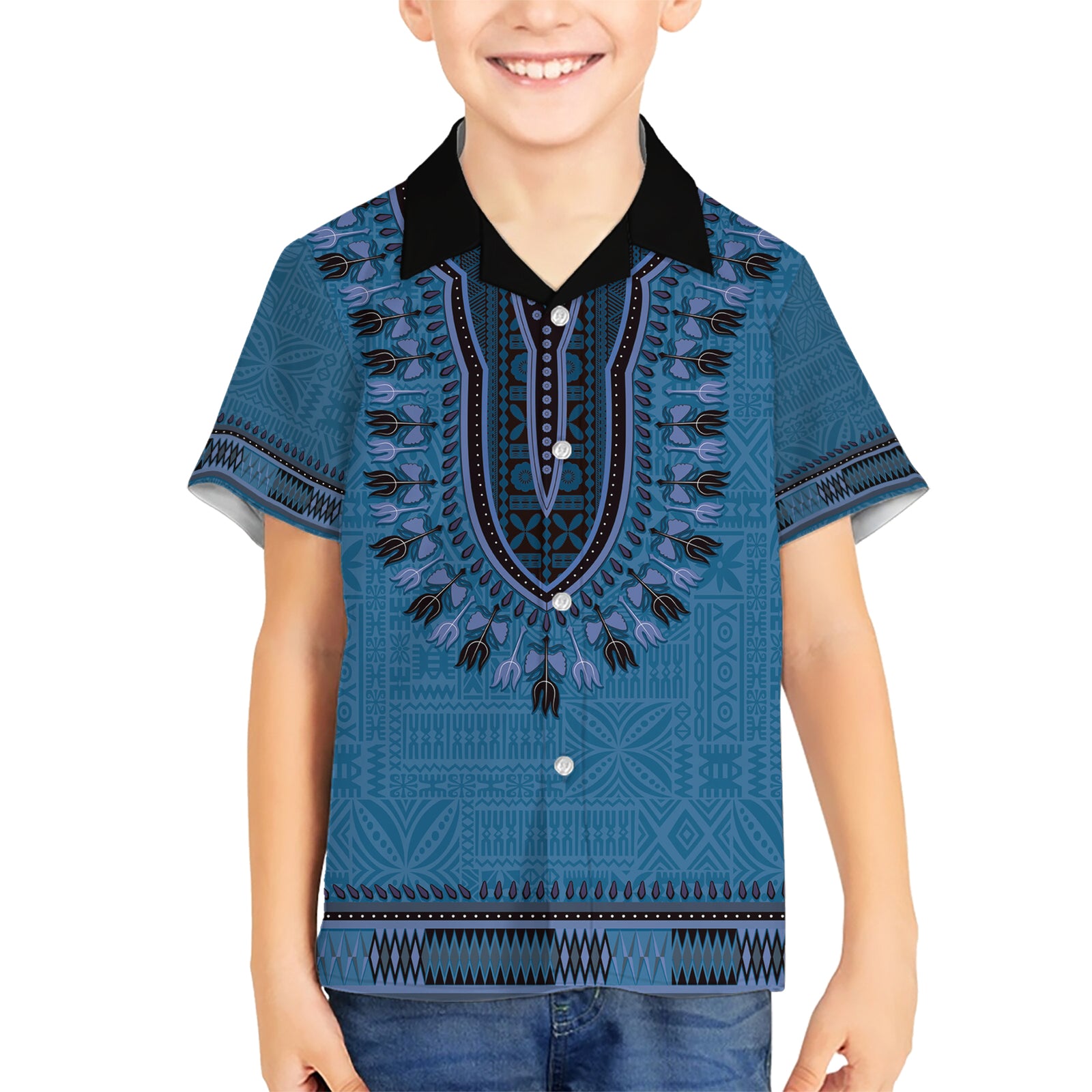 Blue African Dashiki With Fijian Tapa Pattern Kid Hawaiian Shirt LT14 Kid Blue - Polynesian Pride