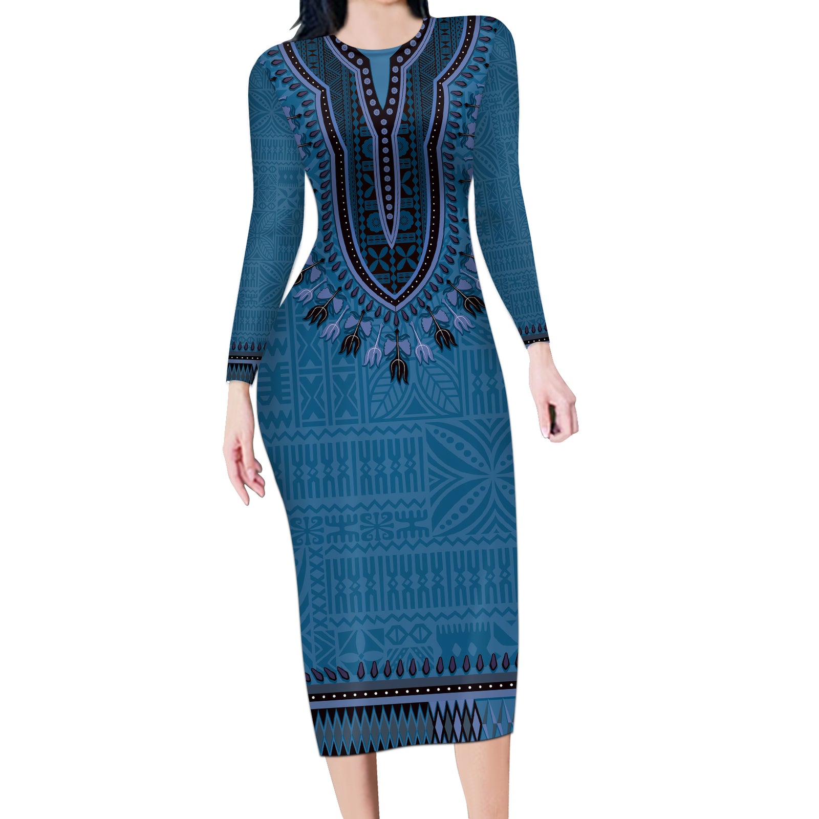 Blue African Dashiki With Fijian Tapa Pattern Long Sleeve Bodycon Dress LT14 Long Dress Blue - Polynesian Pride