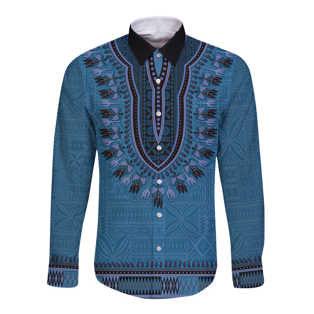 Blue African Dashiki With Fijian Tapa Pattern Long Sleeve Button Shirt