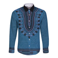 Blue African Dashiki With Fijian Tapa Pattern Long Sleeve Button Shirt