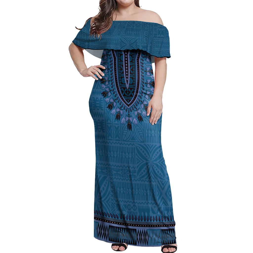 Blue African Dashiki With Fijian Tapa Pattern Off Shoulder Maxi Dress LT14 Women Blue - Polynesian Pride
