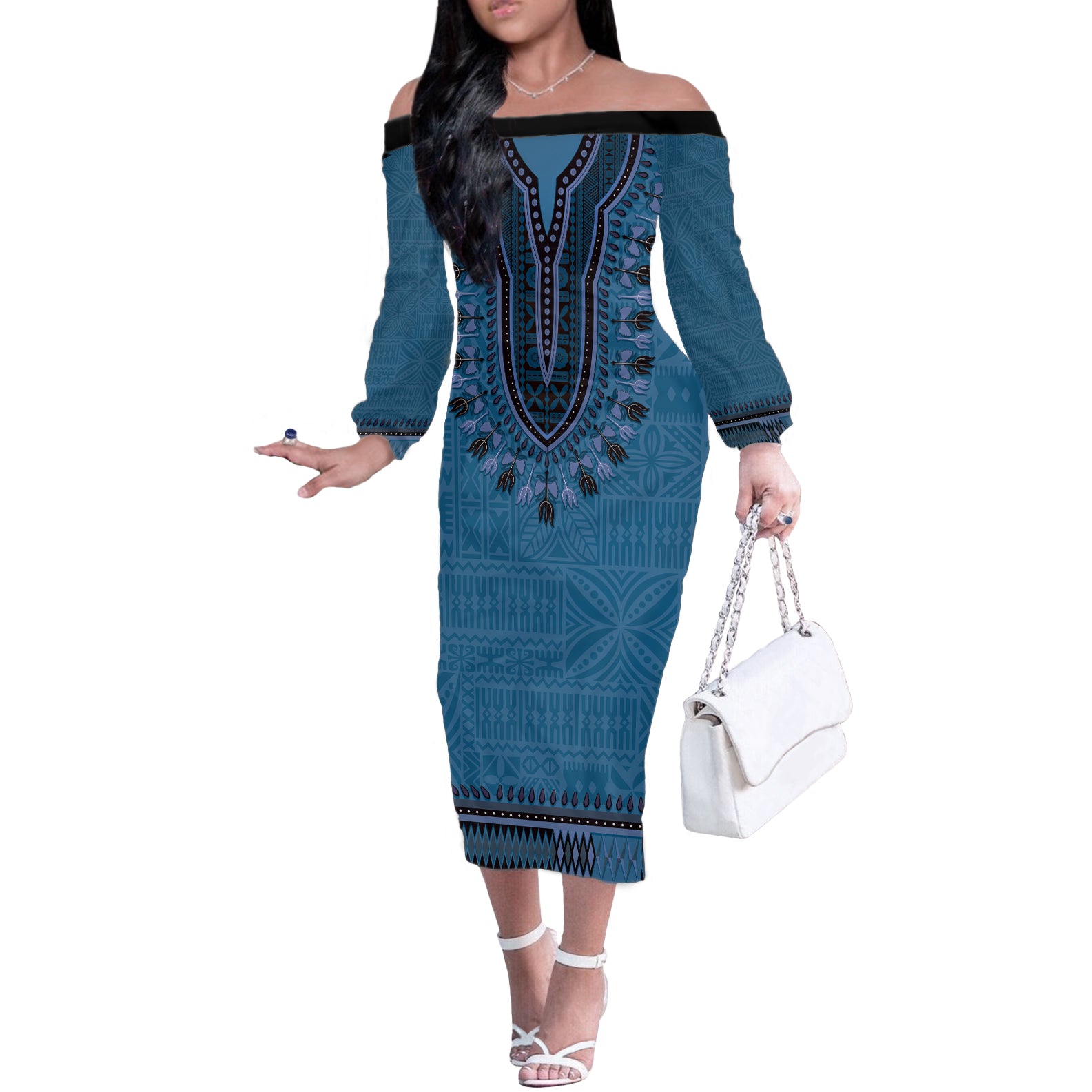 Blue African Dashiki With Fijian Tapa Pattern Off The Shoulder Long Sleeve Dress LT14 Women Blue - Polynesian Pride