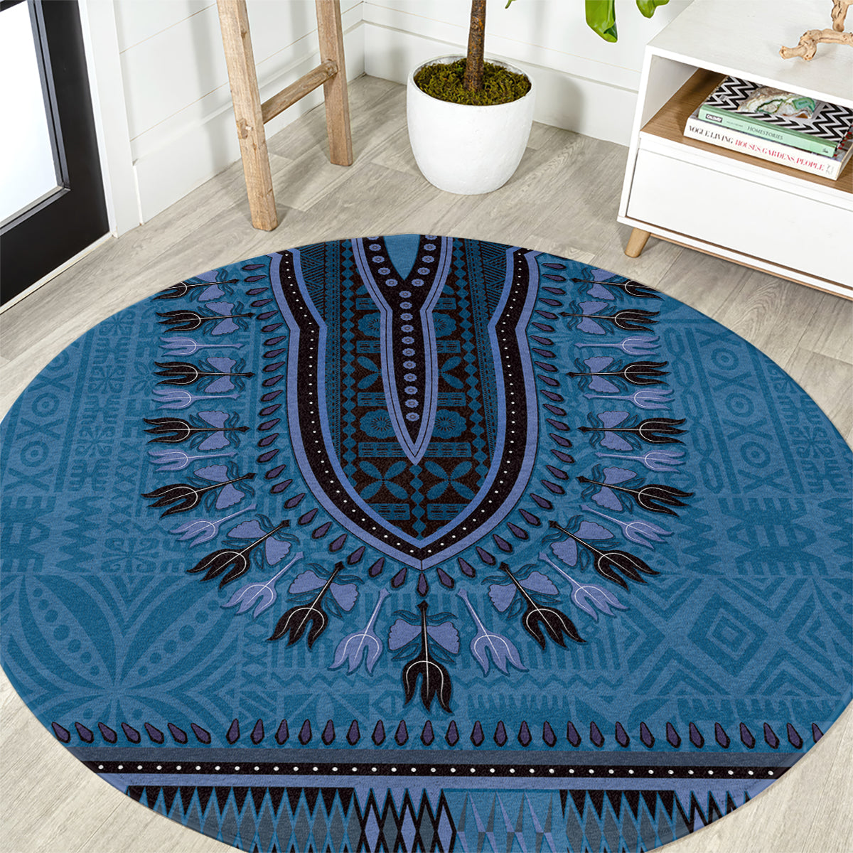 Blue African Dashiki With Fijian Tapa Pattern Round Carpet LT14 Blue - Polynesian Pride