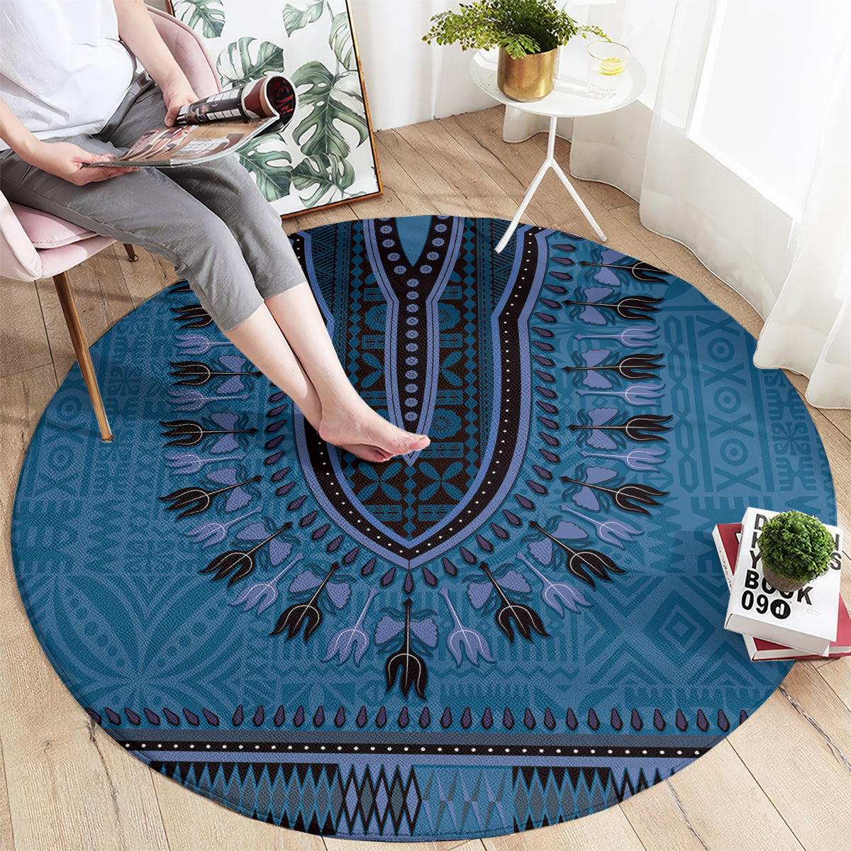 Blue African Dashiki With Fijian Tapa Pattern Round Carpet LT14 - Polynesian Pride