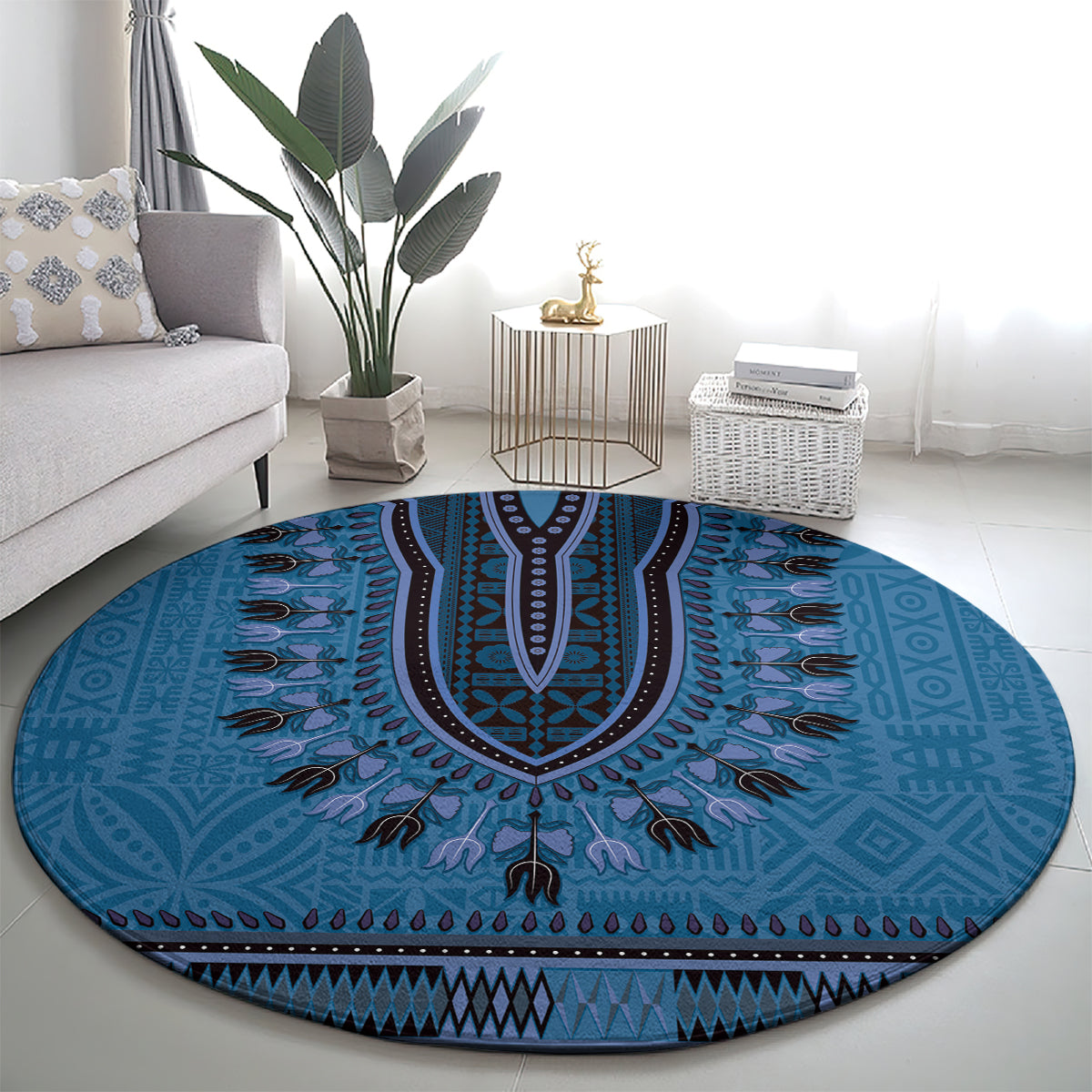 Blue African Dashiki With Fijian Tapa Pattern Round Carpet LT14 - Polynesian Pride