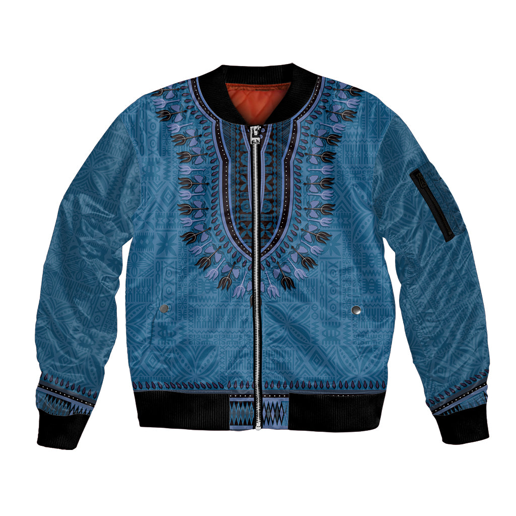 Blue African Dashiki With Fijian Tapa Pattern Sleeve Zip Bomber Jacket LT14 Unisex Blue - Polynesian Pride