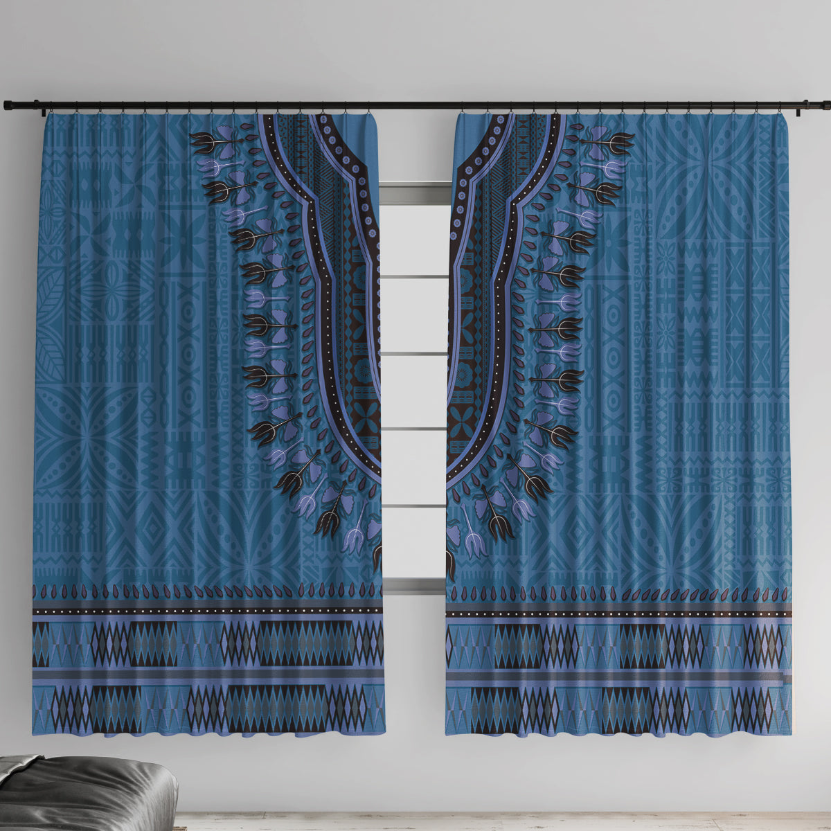 Blue African Dashiki With Fijian Tapa Pattern Window Curtain