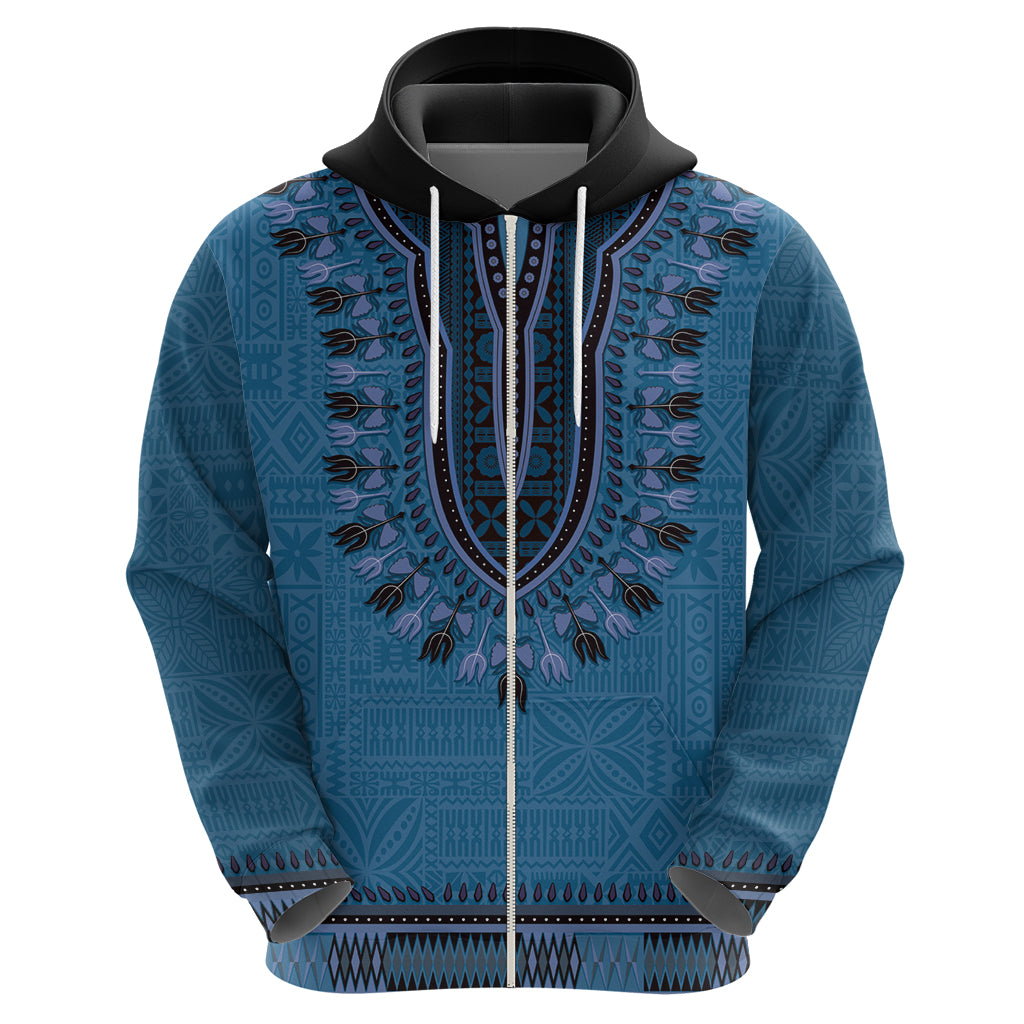 Blue African Dashiki With Fijian Tapa Pattern Zip Hoodie