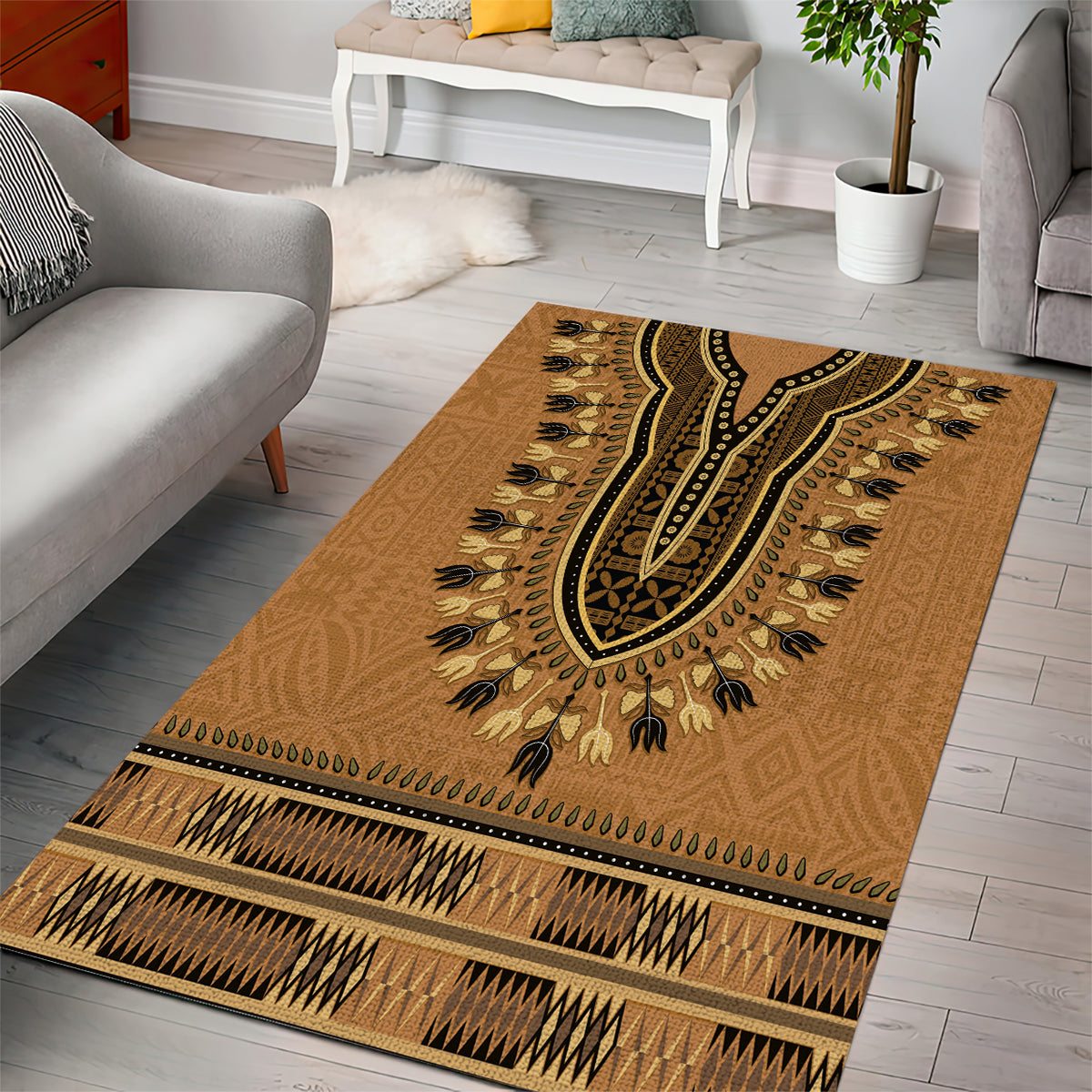 Brown African Dashiki With Fijian Tapa Pattern Area Rug
