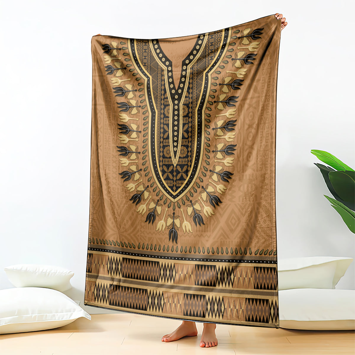 Brown African Dashiki With Fijian Tapa Pattern Blanket
