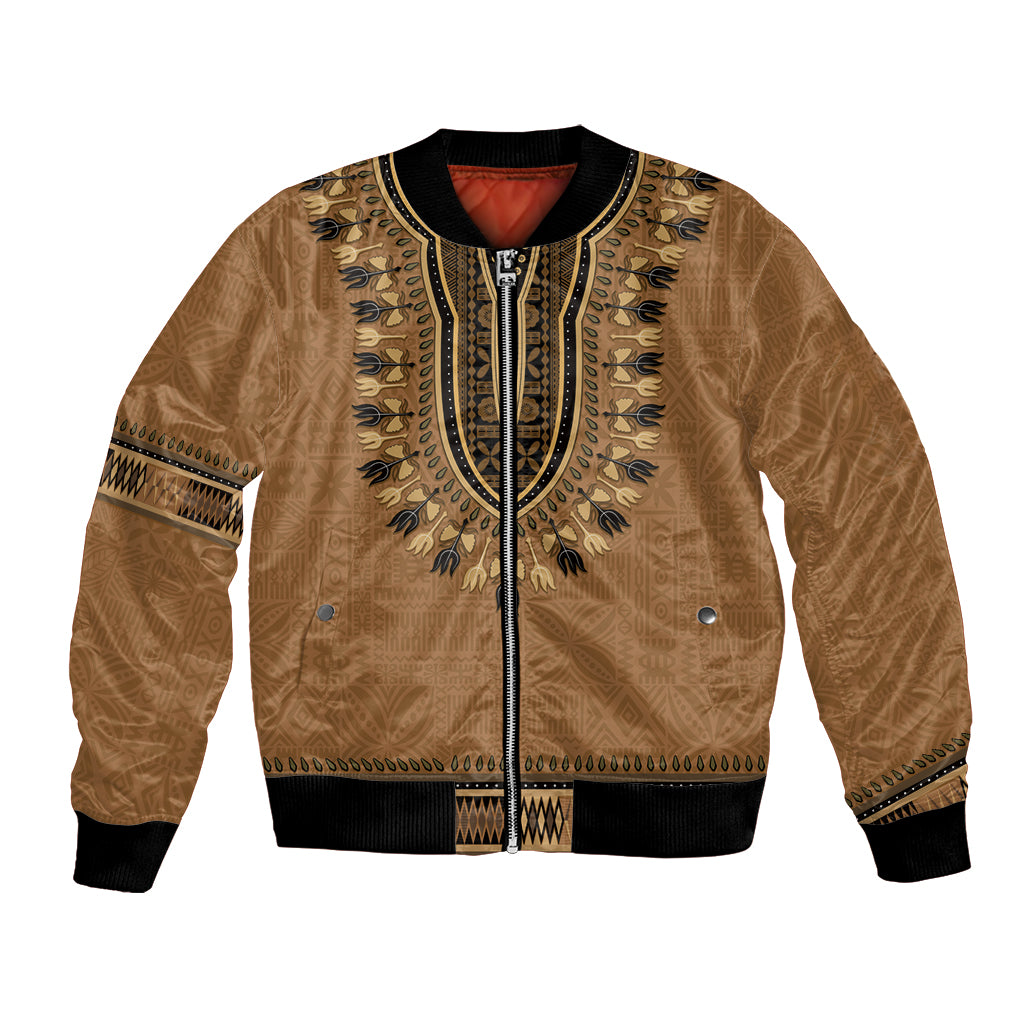 Brown African Dashiki With Fijian Tapa Pattern Bomber Jacket LT14 Unisex Brown - Polynesian Pride