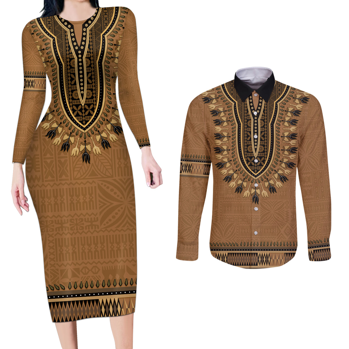 Brown African Dashiki With Fijian Tapa Pattern Couples Matching Long Sleeve Bodycon Dress and Long Sleeve Button Shirt