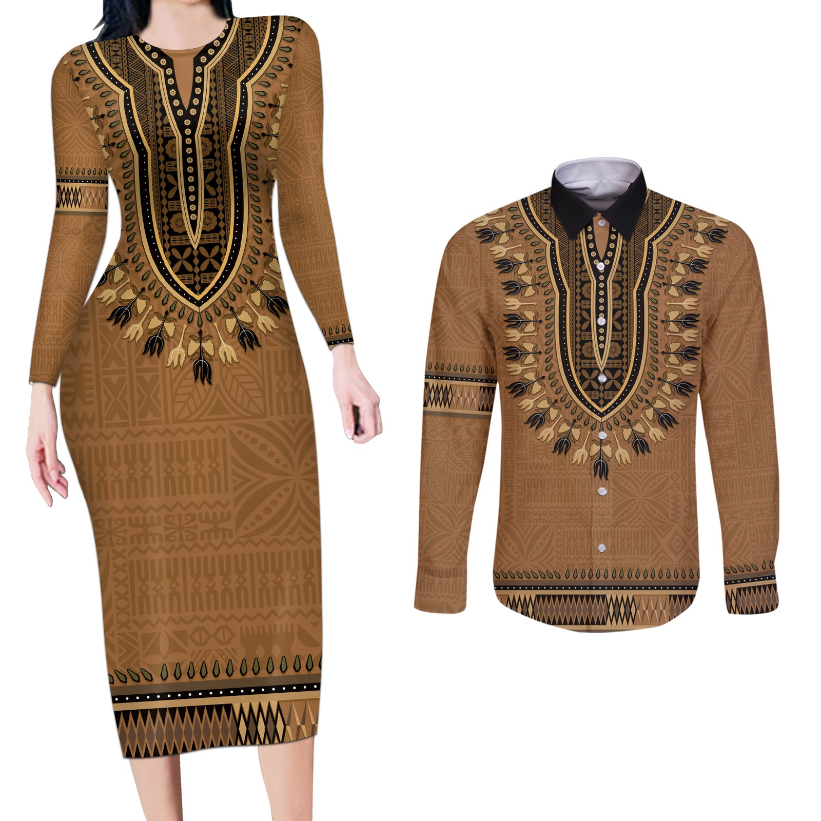 Brown African Dashiki With Fijian Tapa Pattern Couples Matching Long Sleeve Bodycon Dress and Long Sleeve Button Shirt LT14 Brown - Polynesian Pride