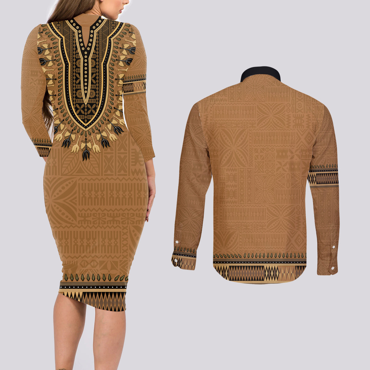 Brown African Dashiki With Fijian Tapa Pattern Couples Matching Long Sleeve Bodycon Dress and Long Sleeve Button Shirt