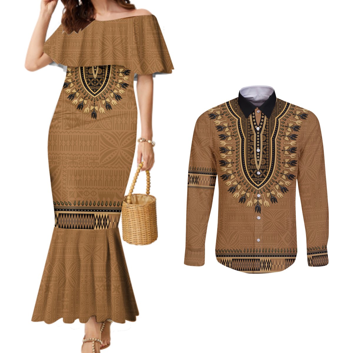 Brown African Dashiki With Fijian Tapa Pattern Couples Matching Mermaid Dress and Long Sleeve Button Shirt LT14 Brown - Polynesian Pride