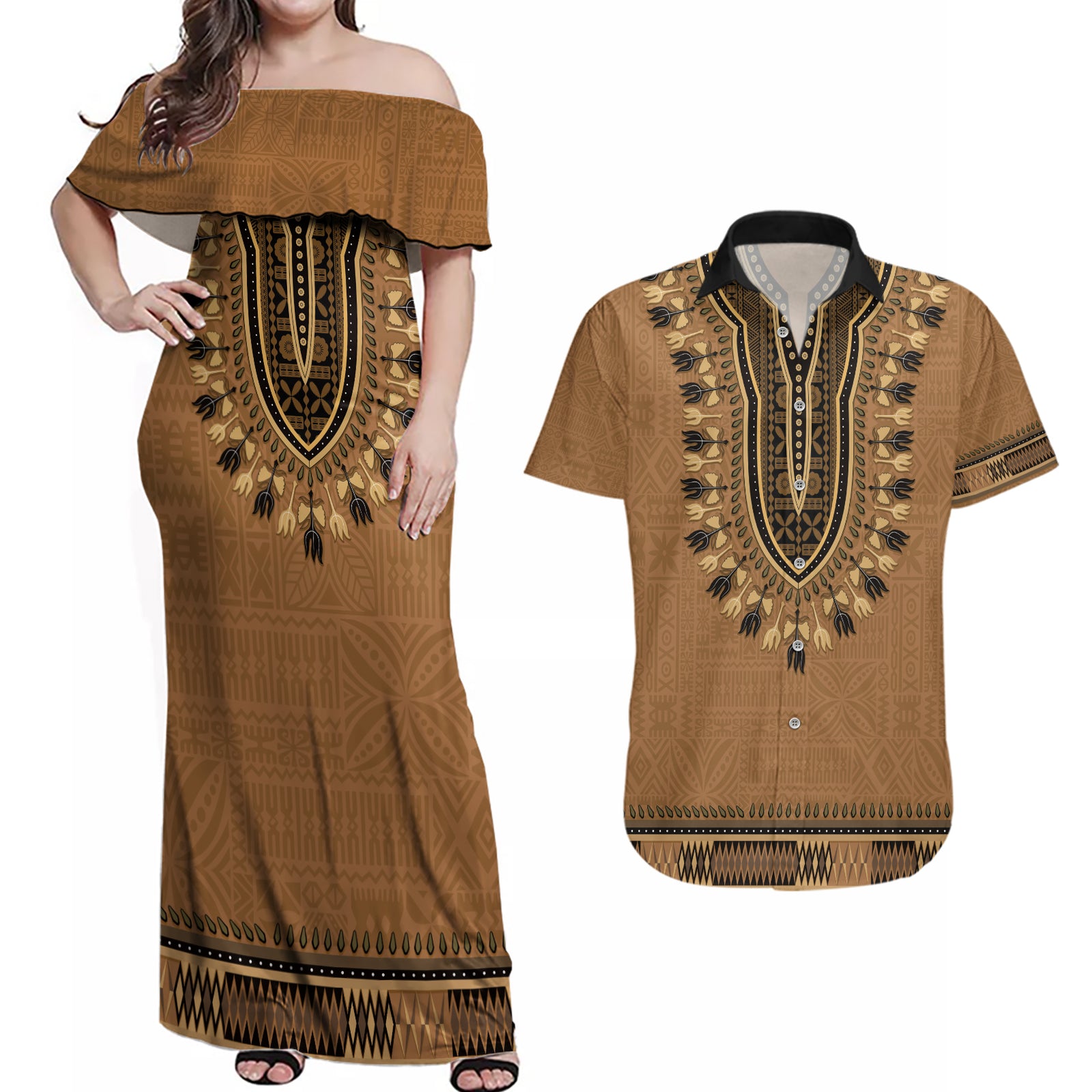 Brown African Dashiki With Fijian Tapa Pattern Couples Matching Off Shoulder Maxi Dress and Hawaiian Shirt LT14 Brown - Polynesian Pride