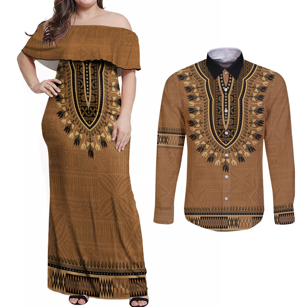 Brown African Dashiki With Fijian Tapa Pattern Couples Matching Off Shoulder Maxi Dress and Long Sleeve Button Shirt LT14 Brown - Polynesian Pride