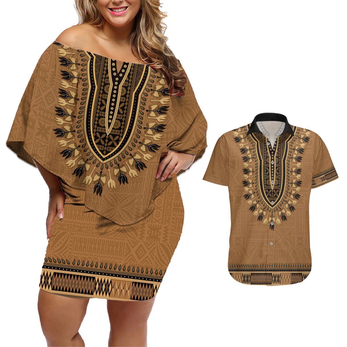 Brown African Dashiki With Fijian Tapa Pattern Couples Matching Off Shoulder Short Dress and Hawaiian Shirt LT14 Brown - Polynesian Pride