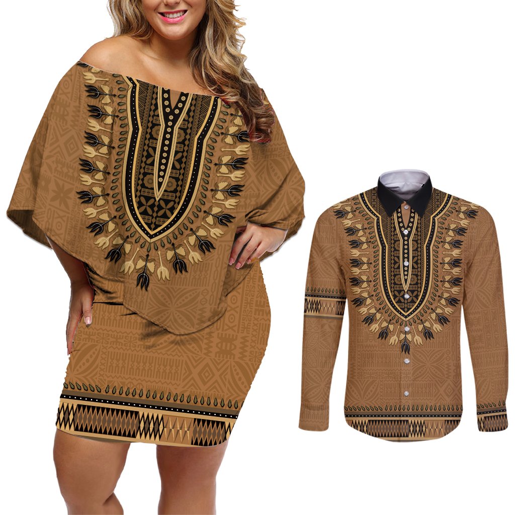 Brown African Dashiki With Fijian Tapa Pattern Couples Matching Off Shoulder Short Dress and Long Sleeve Button Shirt LT14 Brown - Polynesian Pride