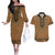 Brown African Dashiki With Fijian Tapa Pattern Couples Matching Off The Shoulder Long Sleeve Dress and Hawaiian Shirt