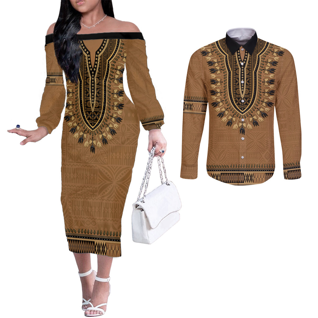 Brown African Dashiki With Fijian Tapa Pattern Couples Matching Off The Shoulder Long Sleeve Dress and Long Sleeve Button Shirt