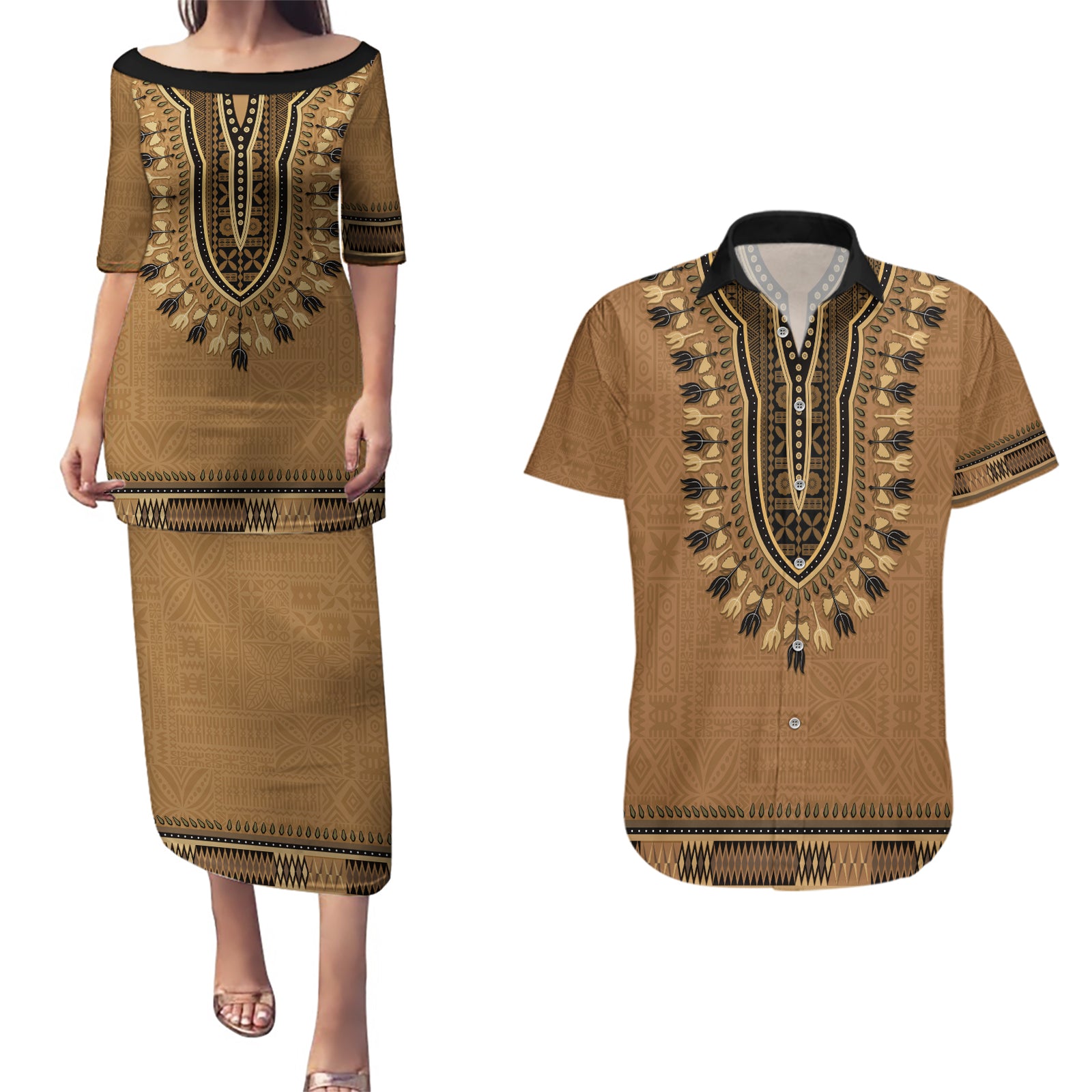 Brown African Dashiki With Fijian Tapa Pattern Couples Matching Puletasi and Hawaiian Shirt LT14 Brown - Polynesian Pride