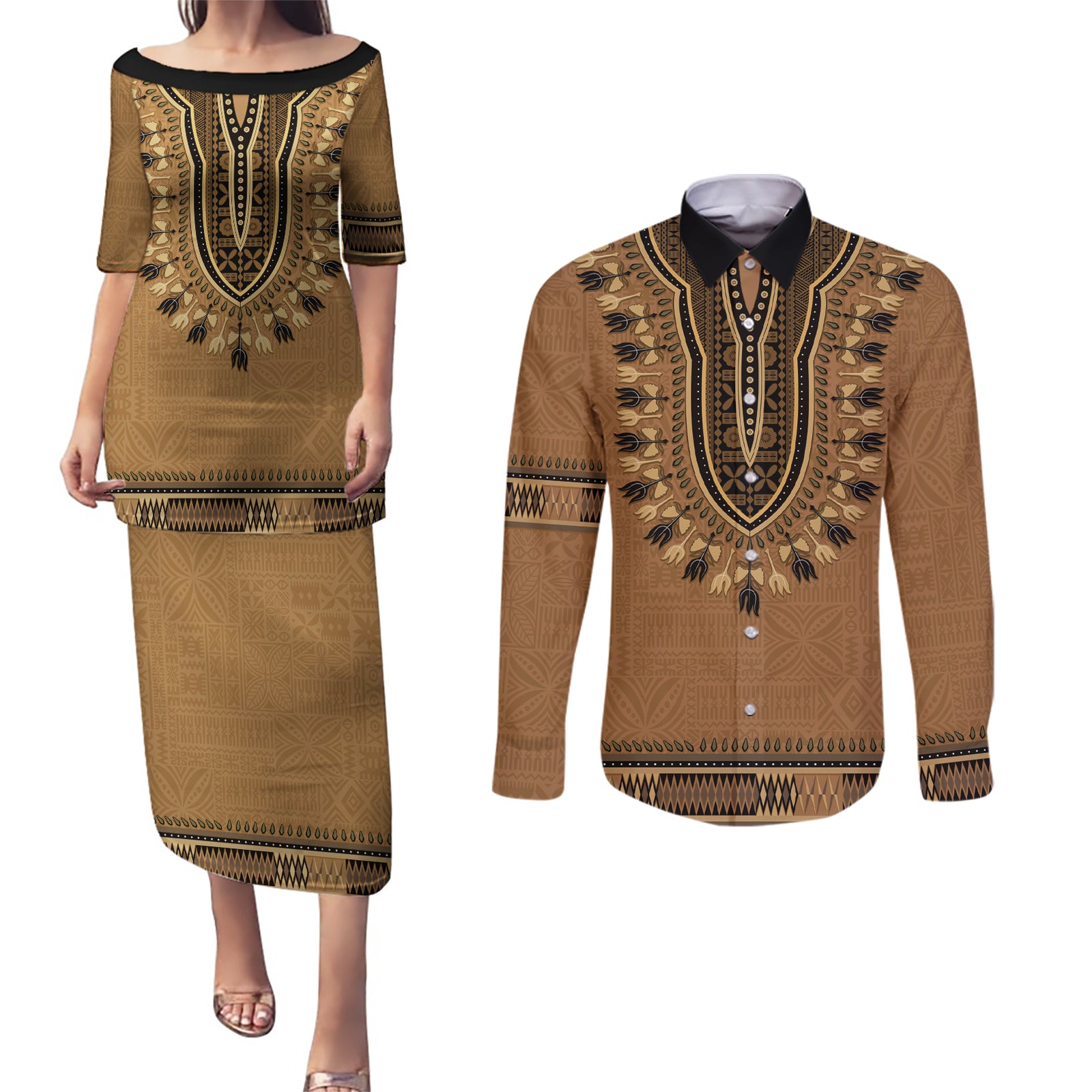 Brown African Dashiki With Fijian Tapa Pattern Couples Matching Puletasi and Long Sleeve Button Shirt LT14 Brown - Polynesian Pride