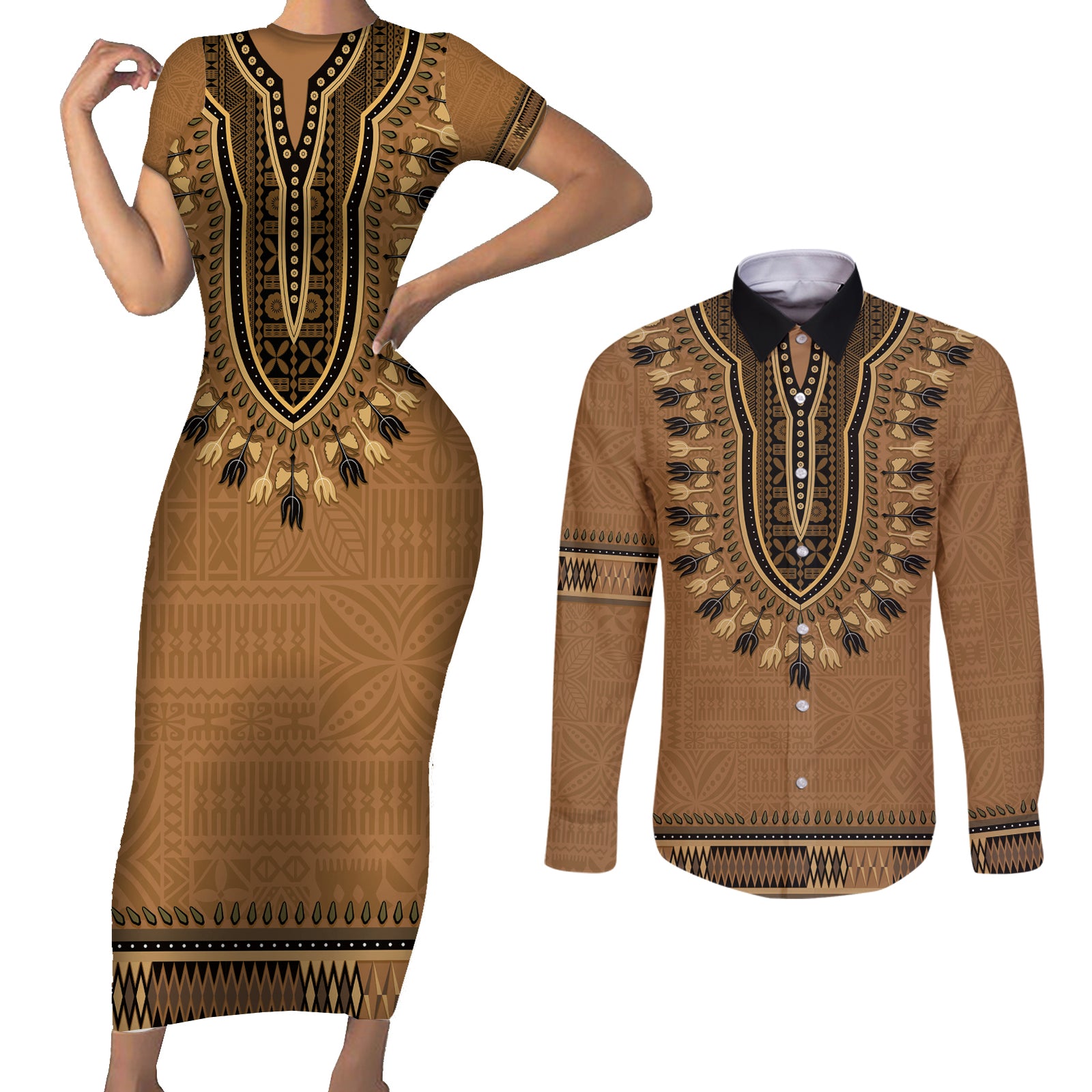 Brown African Dashiki With Fijian Tapa Pattern Couples Matching Short Sleeve Bodycon Dress and Long Sleeve Button Shirt LT14 Brown - Polynesian Pride