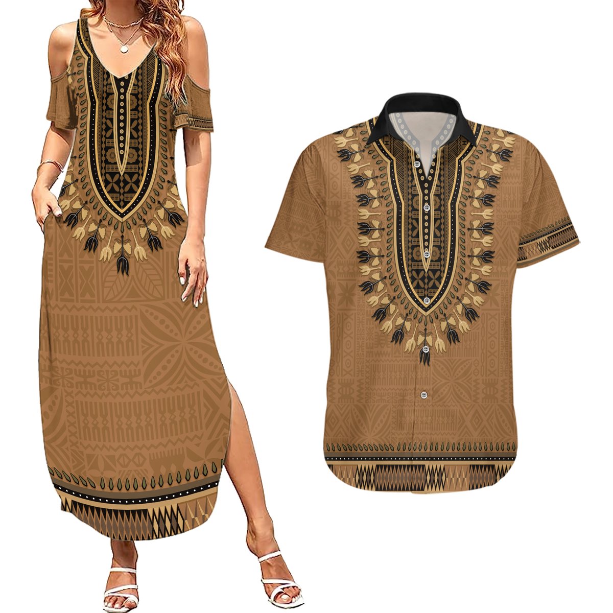 Brown African Dashiki With Fijian Tapa Pattern Couples Matching Summer Maxi Dress and Hawaiian Shirt LT14 Brown - Polynesian Pride