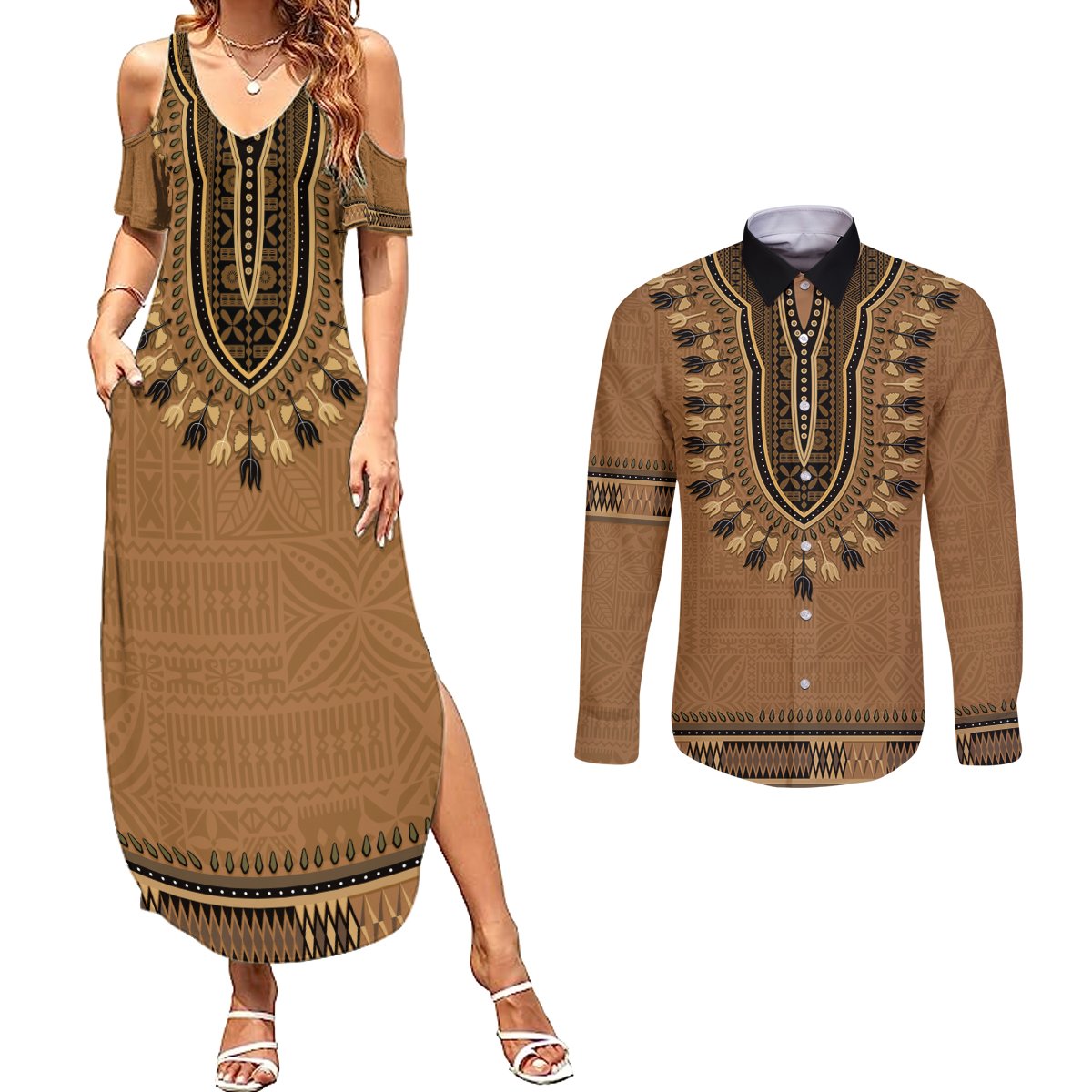 Brown African Dashiki With Fijian Tapa Pattern Couples Matching Summer Maxi Dress and Long Sleeve Button Shirt LT14 Brown - Polynesian Pride