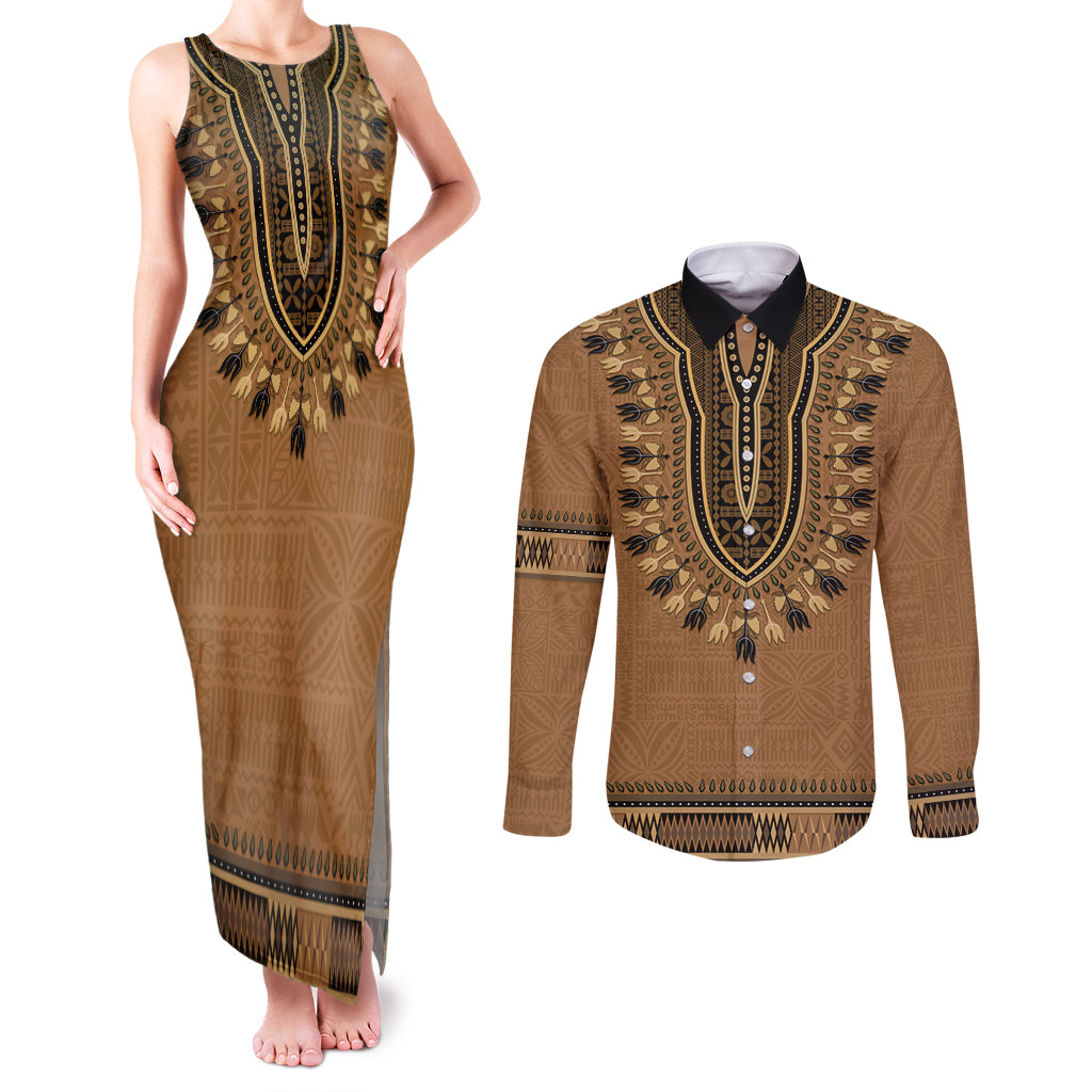 Brown African Dashiki With Fijian Tapa Pattern Couples Matching Tank Maxi Dress and Long Sleeve Button Shirt LT14 Brown - Polynesian Pride