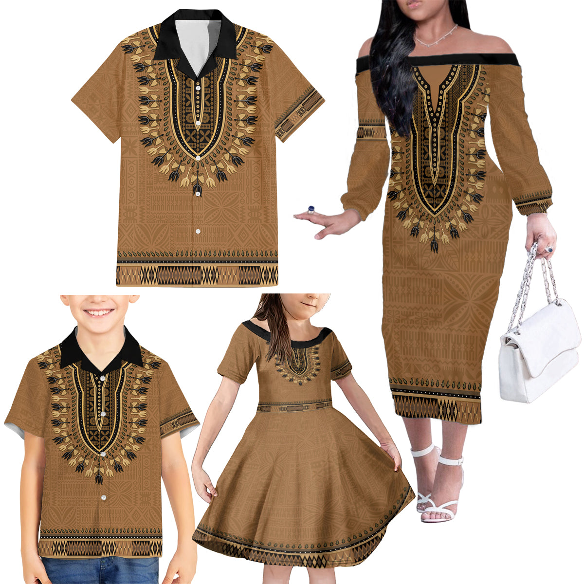 Brown African Dashiki With Fijian Tapa Pattern Family Matching Off The Shoulder Long Sleeve Dress and Hawaiian Shirt LT14 - Polynesian Pride
