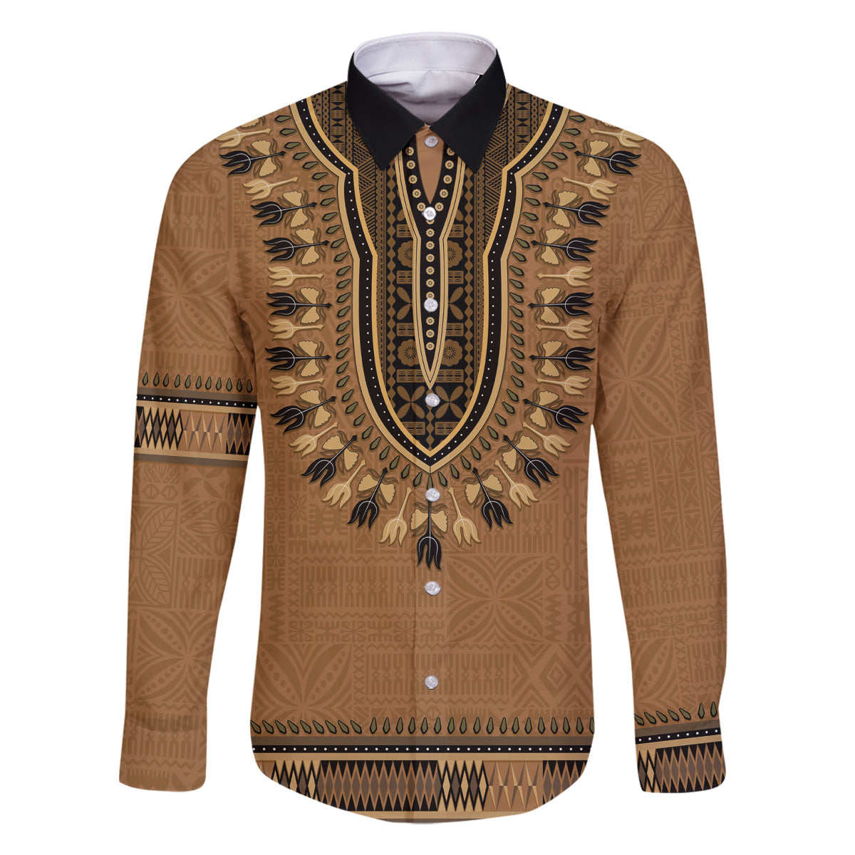 Brown African Dashiki With Fijian Tapa Pattern Family Matching Off The Shoulder Long Sleeve Dress and Hawaiian Shirt