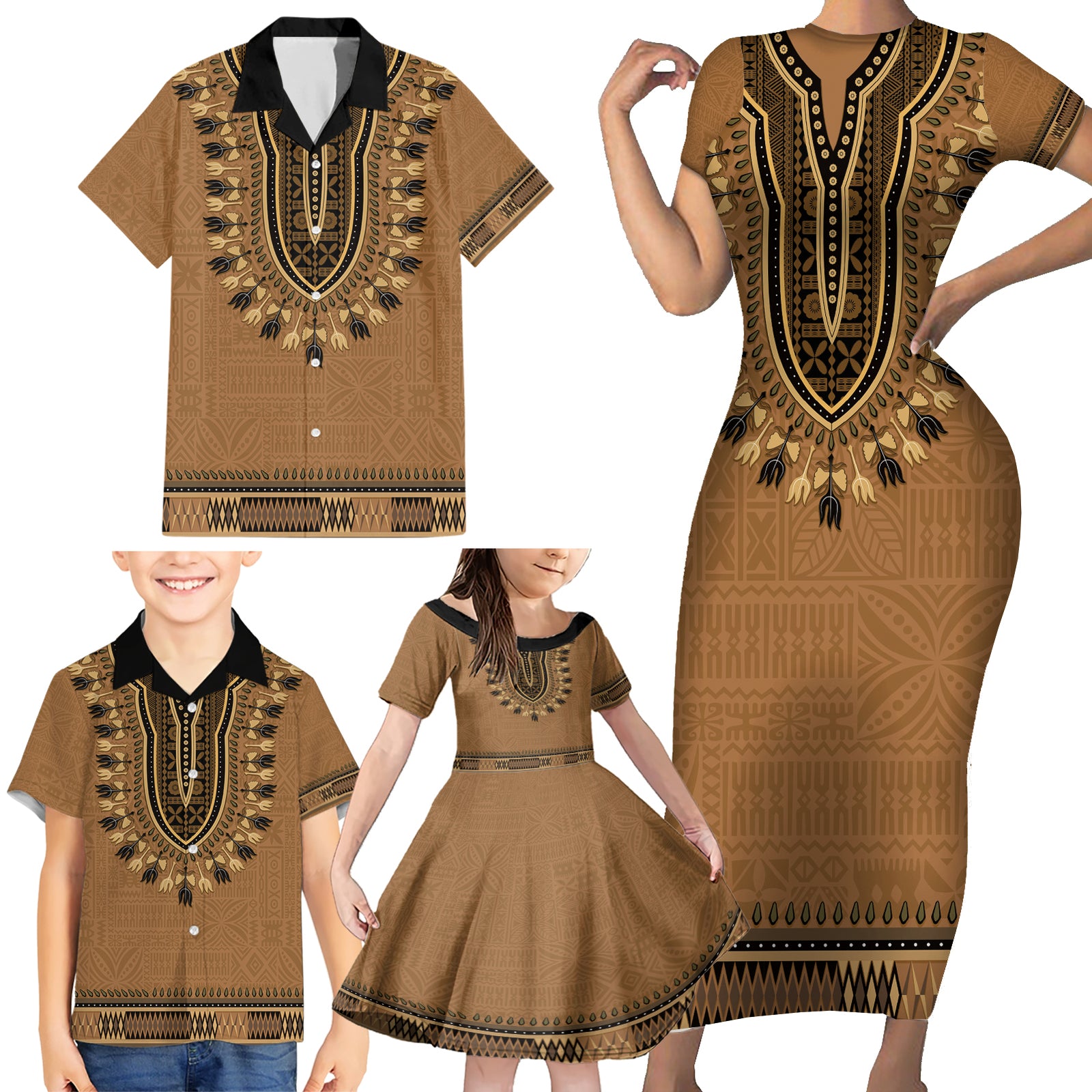 Brown African Dashiki With Fijian Tapa Pattern Family Matching Short Sleeve Bodycon Dress and Hawaiian Shirt LT14 - Polynesian Pride