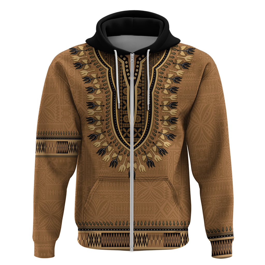 Brown African Dashiki With Fijian Tapa Pattern Hoodie LT14 Zip Hoodie Brown - Polynesian Pride