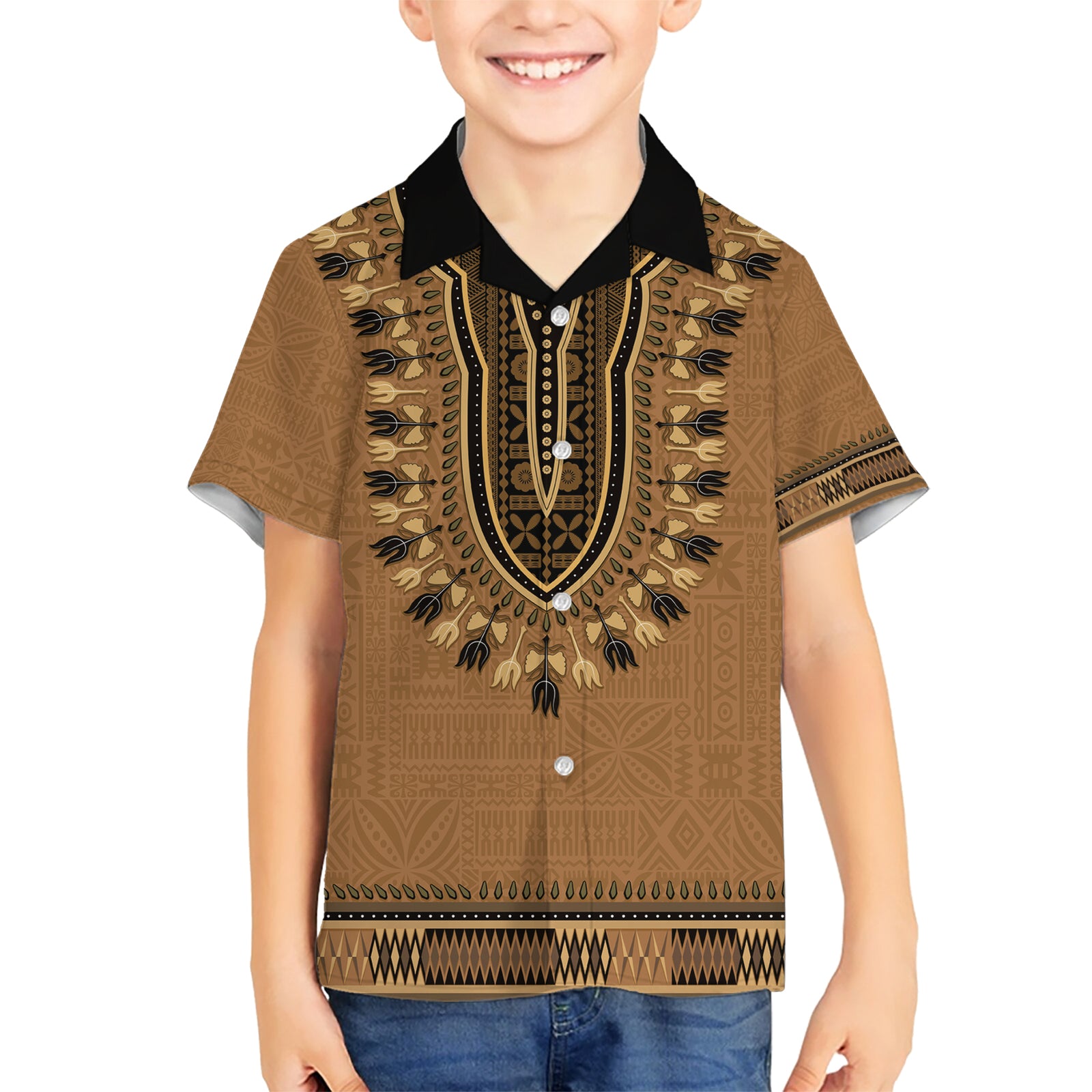 Brown African Dashiki With Fijian Tapa Pattern Kid Hawaiian Shirt LT14 Kid Brown - Polynesian Pride