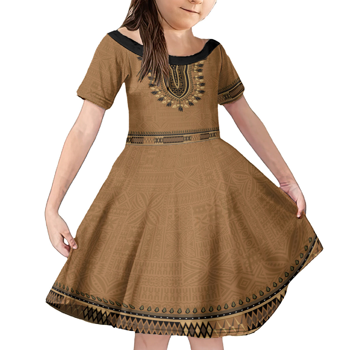Brown African Dashiki With Fijian Tapa Pattern Kid Short Sleeve Dress LT14 KID Brown - Polynesian Pride