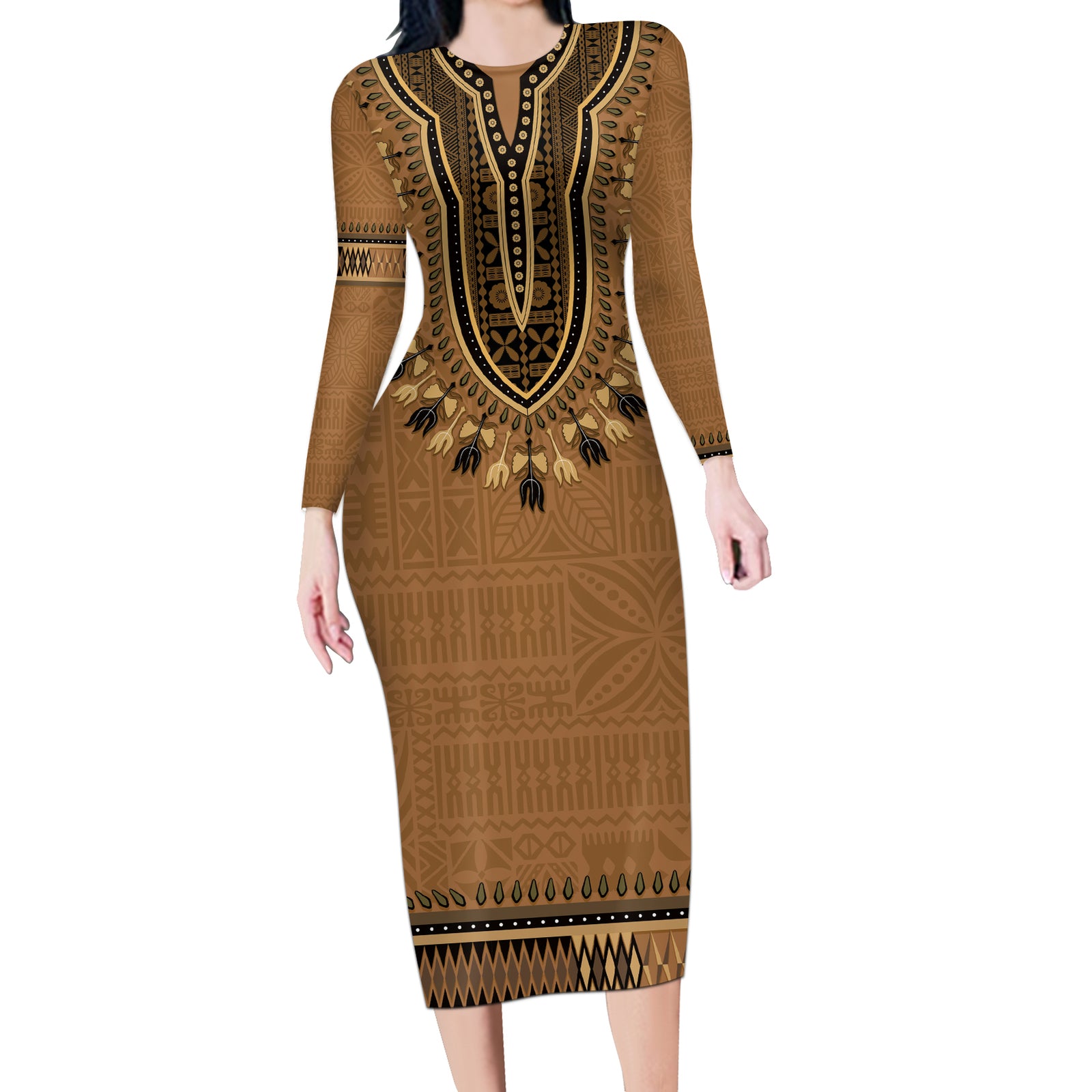 Brown African Dashiki With Fijian Tapa Pattern Long Sleeve Bodycon Dress LT14 Long Dress Brown - Polynesian Pride