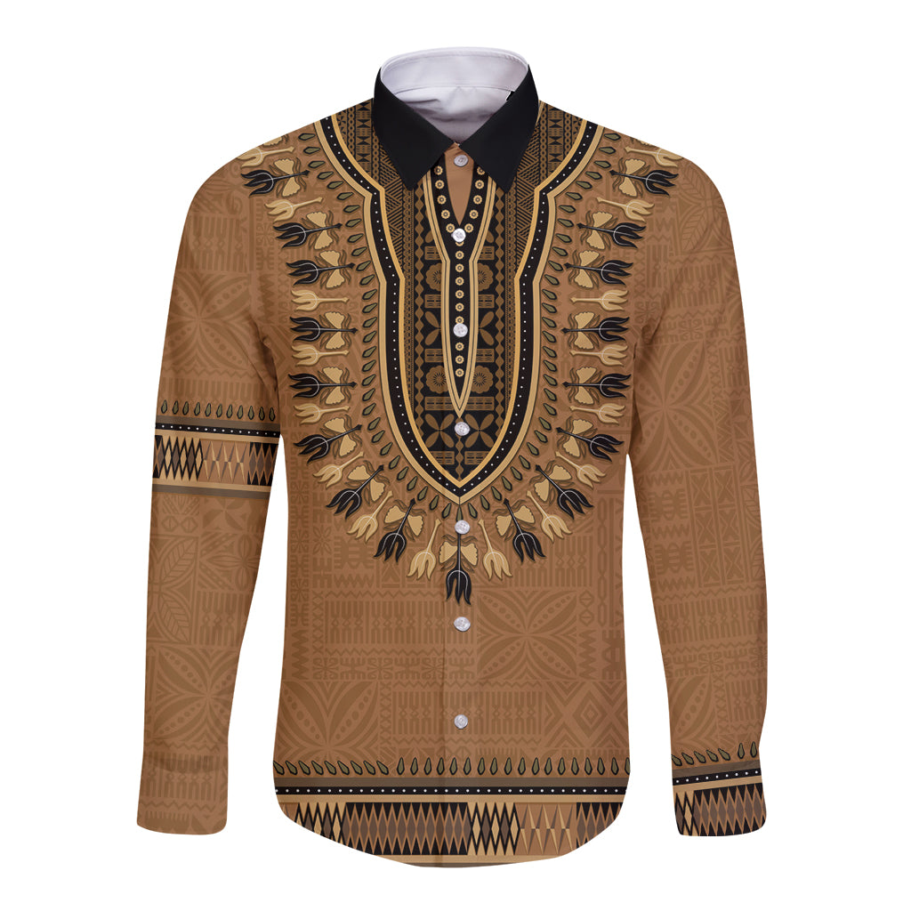 Brown African Dashiki With Fijian Tapa Pattern Long Sleeve Button Shirt LT14 Unisex Brown - Polynesian Pride