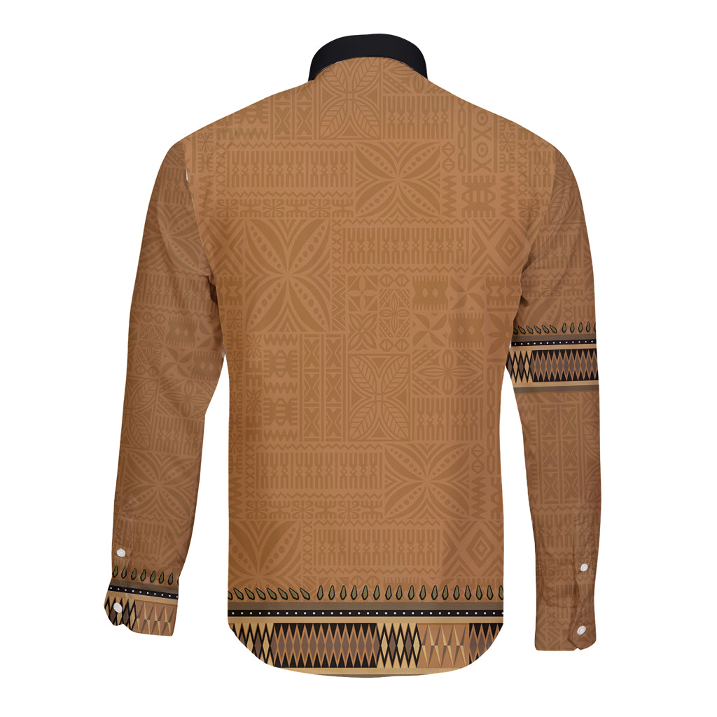 Brown African Dashiki With Fijian Tapa Pattern Long Sleeve Button Shirt