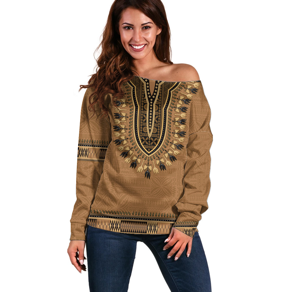 Brown African Dashiki With Fijian Tapa Pattern Off Shoulder Sweater LT14 Women Brown - Polynesian Pride