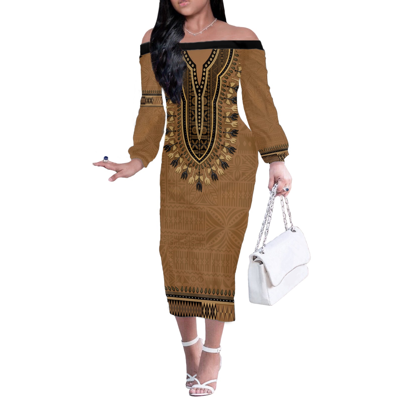 Brown African Dashiki With Fijian Tapa Pattern Off The Shoulder Long Sleeve Dress LT14 Women Brown - Polynesian Pride